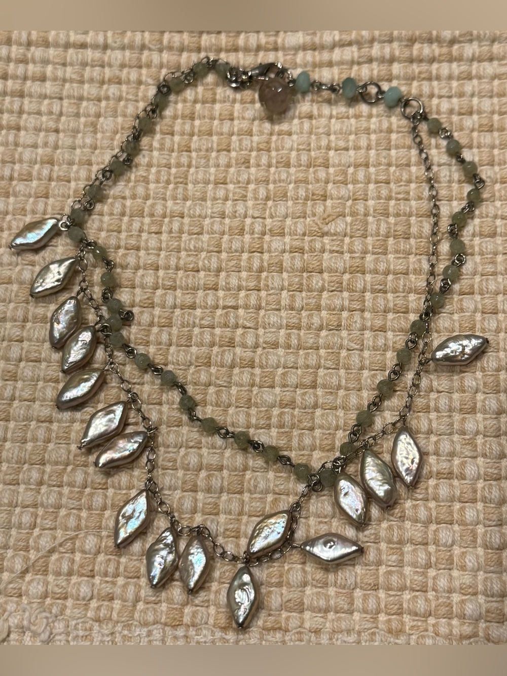 David Aubrey Necklace Double Strand Green Beads Iridescent Dangles Silver Tone